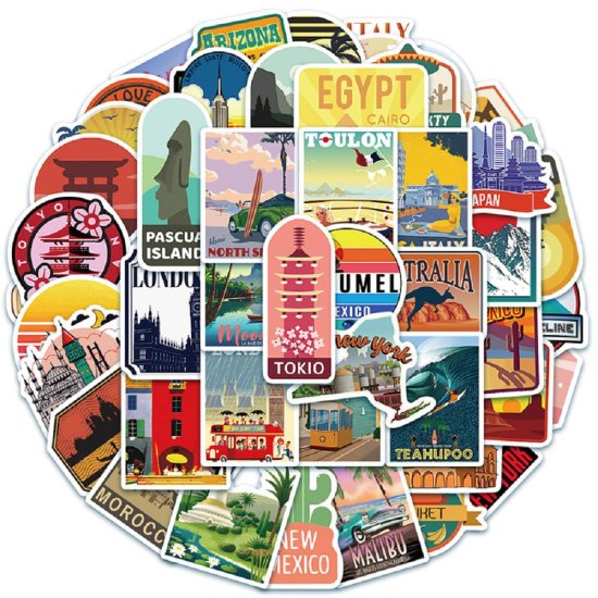 (image for) Travel World Locations Stickers Non Repeating Decals 50 pcs - Click Image to Close