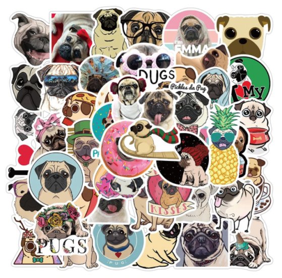 (image for) Pug Dog Stickers Pet Lover Non Repeating Decals 50 pcs - Click Image to Close