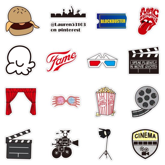 (image for) Cinema Stickers Movie Theater Fun and Food Luggage Decals 50pc - Click Image to Close