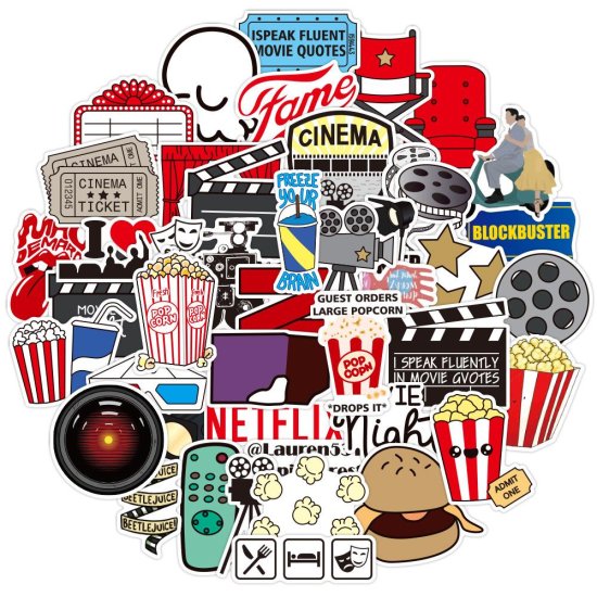(image for) Cinema Stickers Movie Theater Fun and Food Luggage Decals 50pc - Click Image to Close