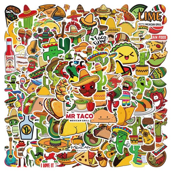 (image for) Mexican Stickers Taco Guacamole Non Repeating Vinyl Decal 100pcs - Click Image to Close