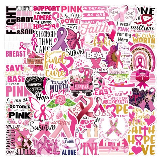 (image for) Pink Ribbon Awareness Stickers Breast Cancer Non Repeating 50pcs - Click Image to Close