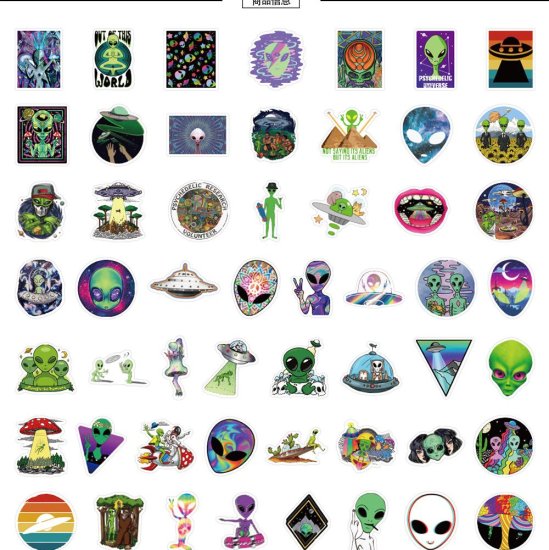 (image for) Alien Little Green Men Decal Stickers Vinyl Non Repeating 50pcs - Click Image to Close