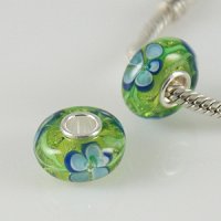(image for) 925 Glass Beads - Flower - Lime & Light Blue