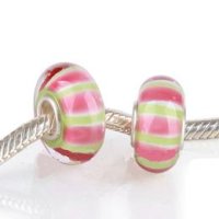 (image for) 925 Glass Beads- Stripes Pink & Peridot Lime