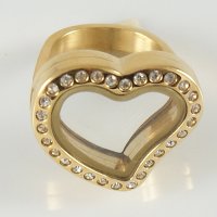 (image for) Memory Locket Stainless Steel CZ Heart Ring - Size 6 Gold