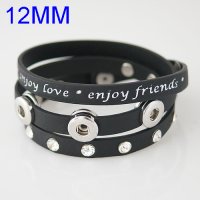 (image for) Mini Snap Leather Wrap Bracelet - Love, Enjoy Friends Black