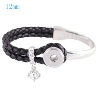 (image for) Mini Snap Bracelet Leather/Metal Hook & Loop - Black & Silver