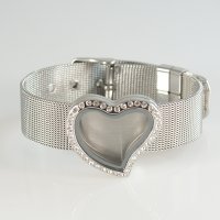 (image for) Wrist Band Stainless Steel Memory Locket - Heart and CZ Accents