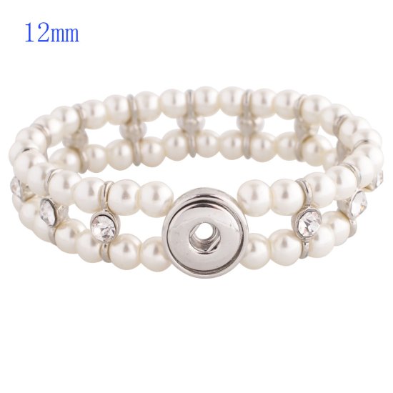 (image for) Mini Snap 12mm - Bracelet Stretch Pearls Clear & Rhinestones - Click Image to Close