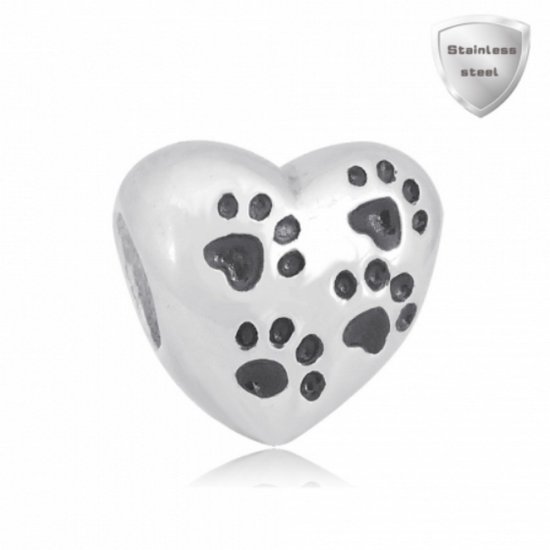 (image for) Stainless Charm - Solid Heart with Black Paw Prints - Click Image to Close