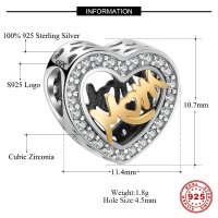 (image for) Charm 925 - Heart Mom Silver-tone & Gold Script Rhinestone Trim