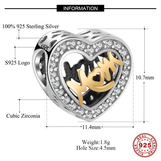 (image for) Charm 925 - Heart Mom Silver-tone & Gold Script Rhinestone Trim - Click Image to Close