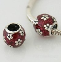 (image for) Charm 925 Enamel - Garnet Barrel w/ Silver Flower