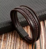 (image for) Stainless Steel Brown Braided Leather Bracelet 8.5" (2171)