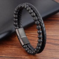 (image for) Volcano Lava Natural Stone Bracelet Leather Magnetic Stainless