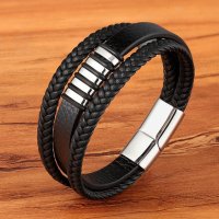 (image for) Stainless Steel Link Leather Bracelet Black Braided 8.5" (2207)