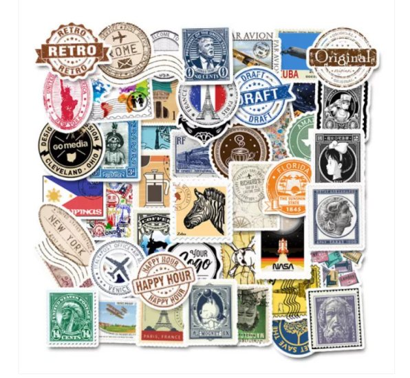 (image for) American and Europe Stamps Decal Stickers Non Repeating 50 pcs - Click Image to Close