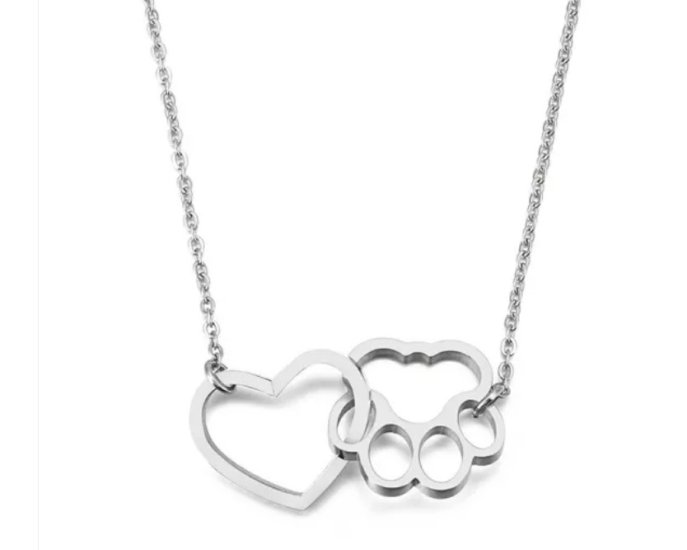 (image for) Paw Print Heart Necklace Stainless 18" + 2" Ext. - Click Image to Close