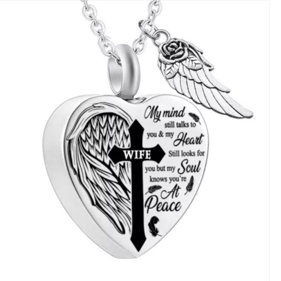 (image for) Stainless Memorial Urn Necklace Heart Wing Wife 42cm/6cm - Click Image to Close