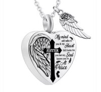 (image for) Stainless Memorial Urn Necklace Heart Wings Sister 42cm/6cm