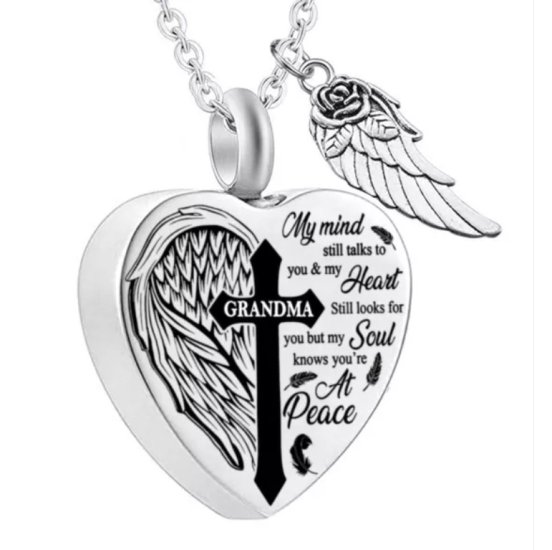 (image for) Stainless Memorial Urn Necklace Heart Wing Grandma 42cm/6cm - Click Image to Close